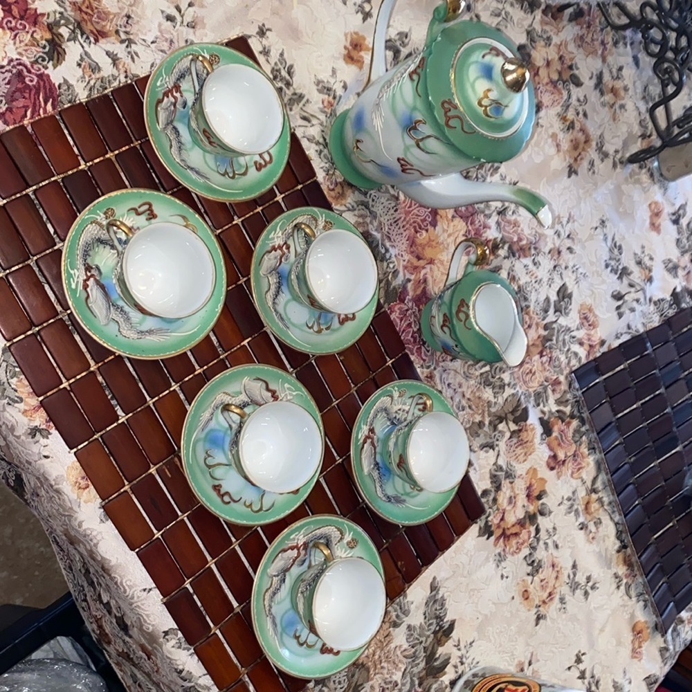Vintage Dragonware Tea Set JB Betsons Green Hand Painted Moriage 14 pc set Japan